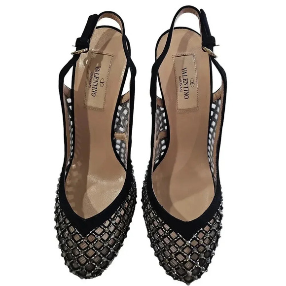Valentino Garavani Lattice Crystals Slingback Platform Pumps Black Size 7.5 - Picture 6 of 14